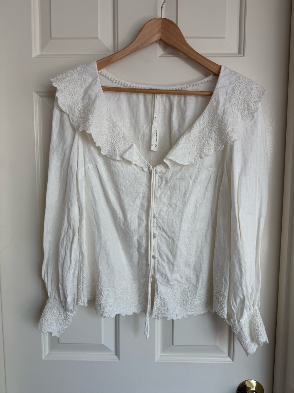 Anthropologie Cream Ruffle Tie-Front Blouse 100% Linen - XS - Picture 4 of 11